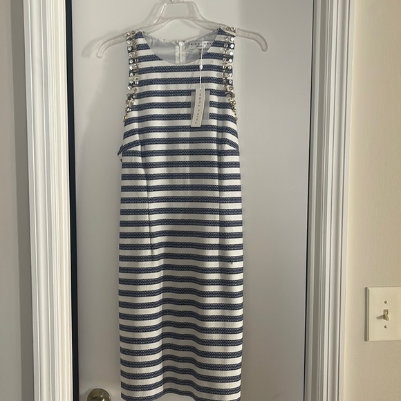 Trina Turk Dresses & Skirts - Trina Turk Sz 12 NWT blue and white striped dress w gem detailing on shoulder